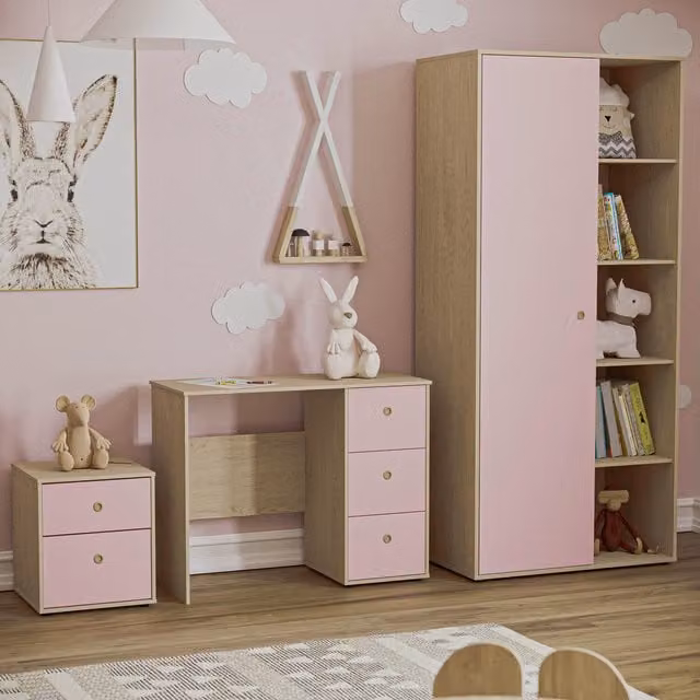 Vida Designs Junior Vida 3 Piece Childrens Bedroom Set in Pink and Oak MDF