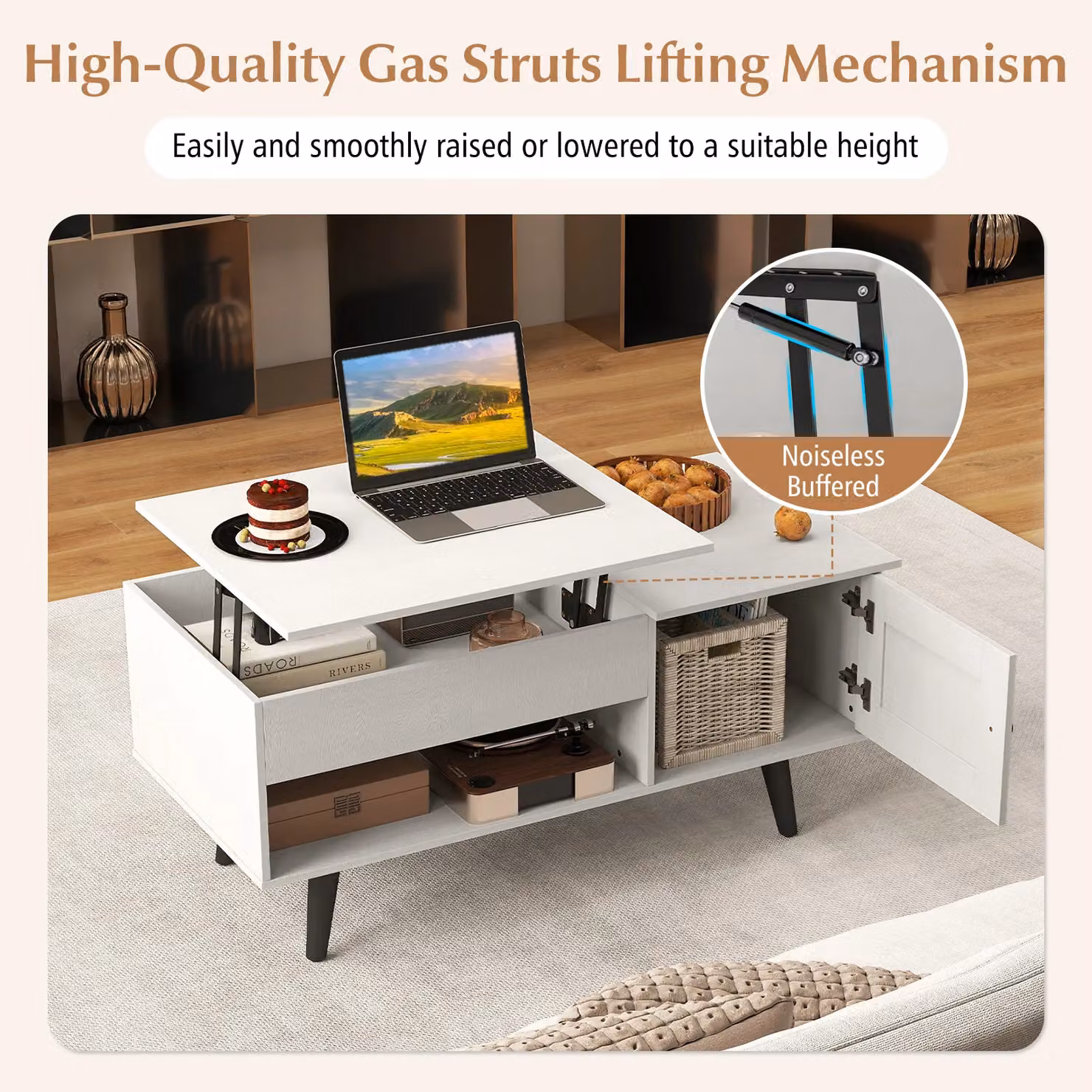 Gymax Modern White Lift Top Coffee Table with Hidden Compartment – 5