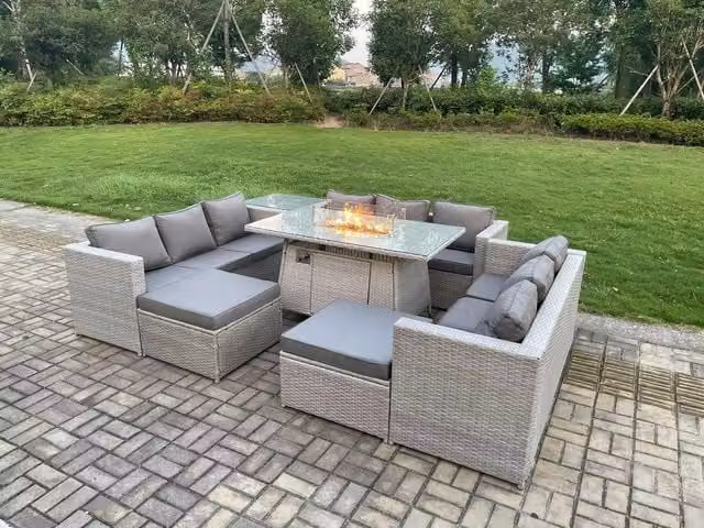 Fimous 11 Seater Rattan Outdoor Garden Dining Set with Gas Fire Pit Table and Side Table in Light Grey