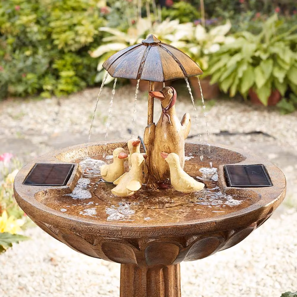 mysmartbuy Duck Family Solar Powered Bird Bath Style Water Fountain in Bronze Polyresin – 4