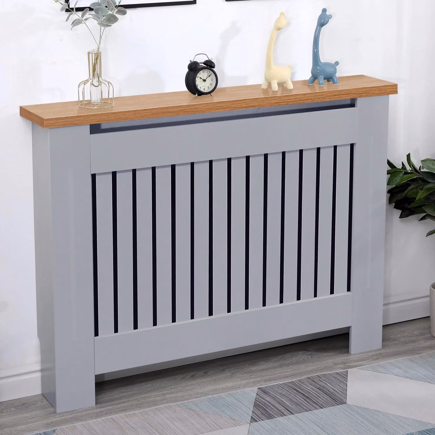 DHS Grey Radiator Cover with Oak Top and Vertical Slatted Design