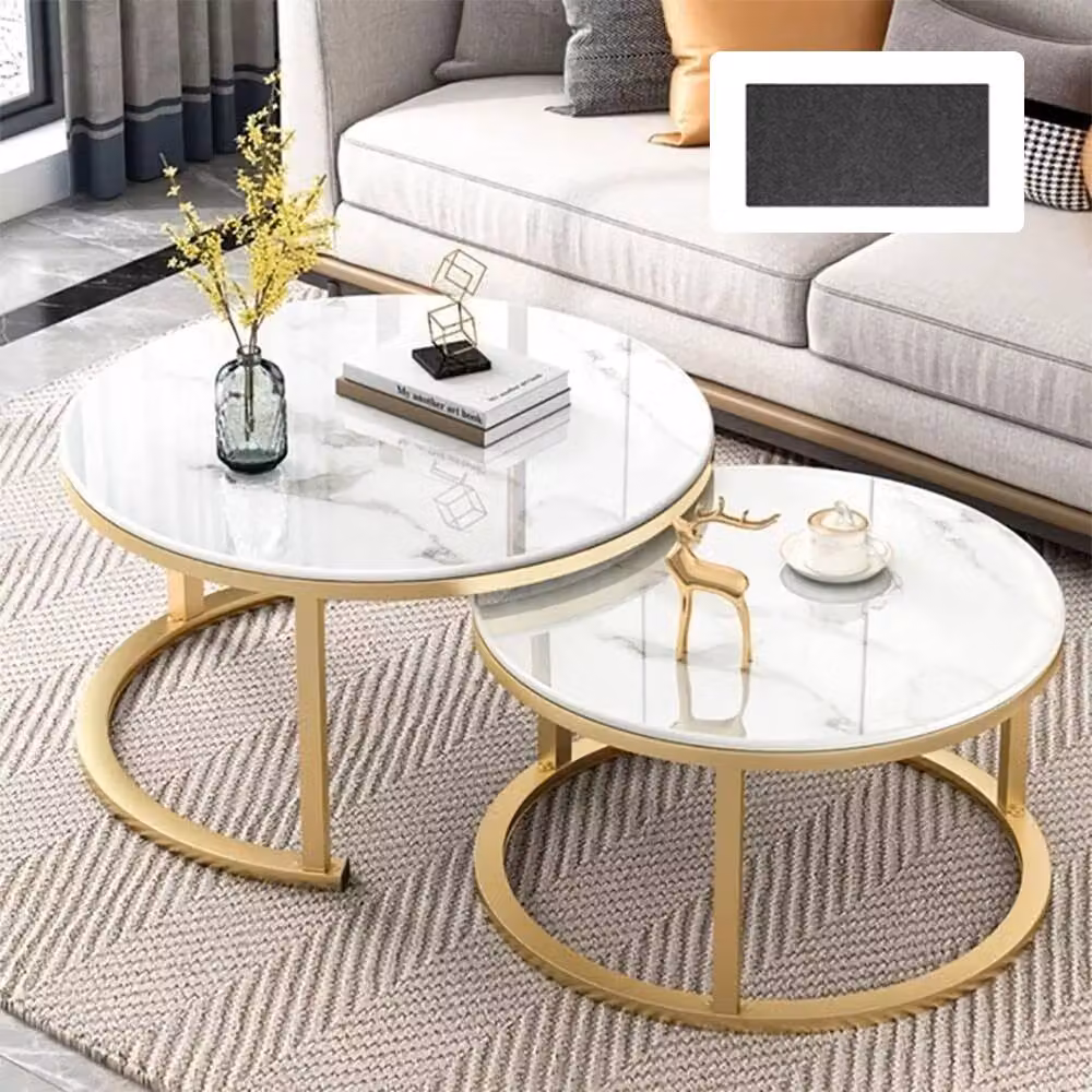 Hinsinc Set of 2 Round Stacking Coffee Tables in White and Gold – 2