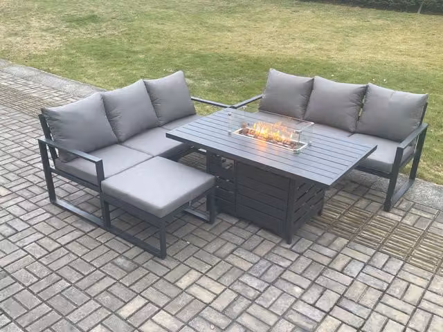 Fimous 7 Seater Outdoor Garden Furniture Set with Gas Fire Pit Dining Table and Large Footstool in Dark Grey Powder Coated Aluminium