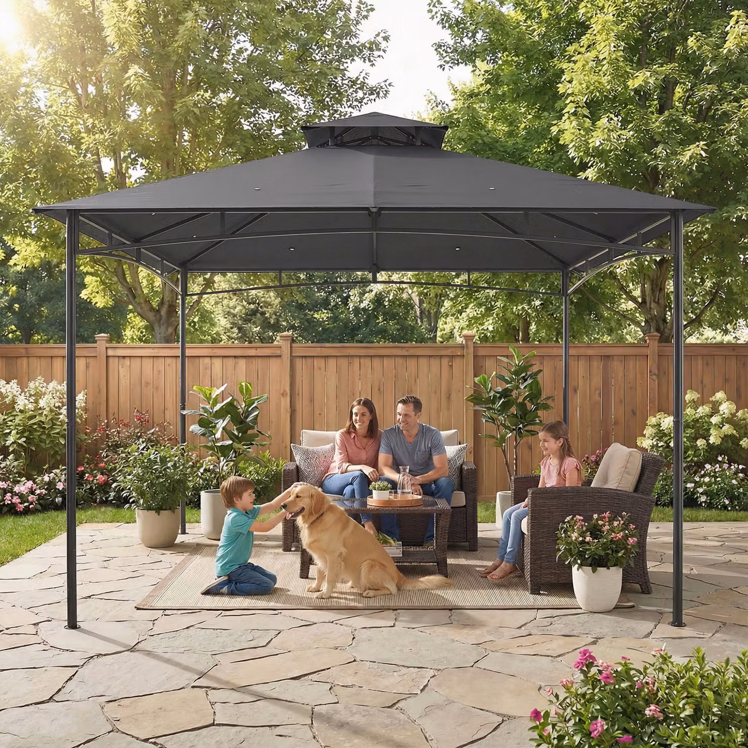 Outsunny Grey Garden Gazebo with Metal Frame and 2-Tier Hip Roof, W: 300 cm, D: 300 cm, H: 285 cm – 6