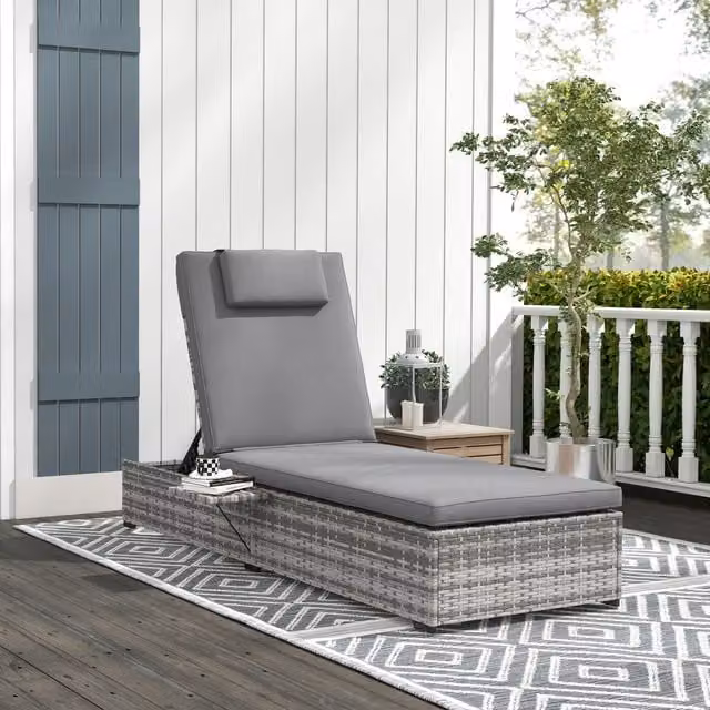 Outsunny Rattan Lounger with Weatherproof Cushion and Side Tray, Grey