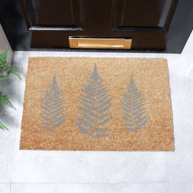 Artsy Mats Grey Fern Leaves Pattern Doormat in Black, W: 60 cm, D: 40 cm