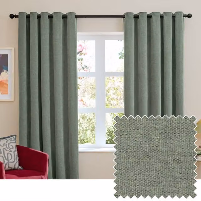 Furn Green Chenille Blackout Eyelet Curtain Pair, Width: 168 cm, Drop: 229 cm