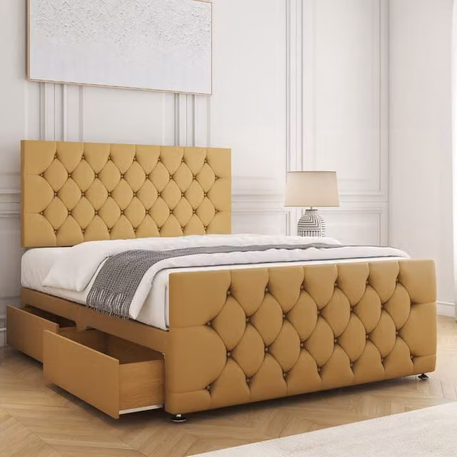 BSSPOKE Maya Plush Velvet Divan Bed with 24 inch Headboard, 2 Drawers on Same Side and Mattress in Mustard, King Size, W/D/H: 180 x 200 cm