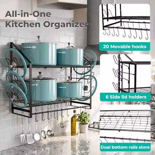 Toque Extra Long Wall Mounted 2 Tier Pot Rack and Pan Organiser in Black with 20 Movable Hooks and 6 Lid Holders, Width: 93.5 cm – 9
