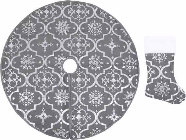 Berkfield Home Luxury Christmas Tree Skirt with Sock in Grey, Diameter: 150 cm