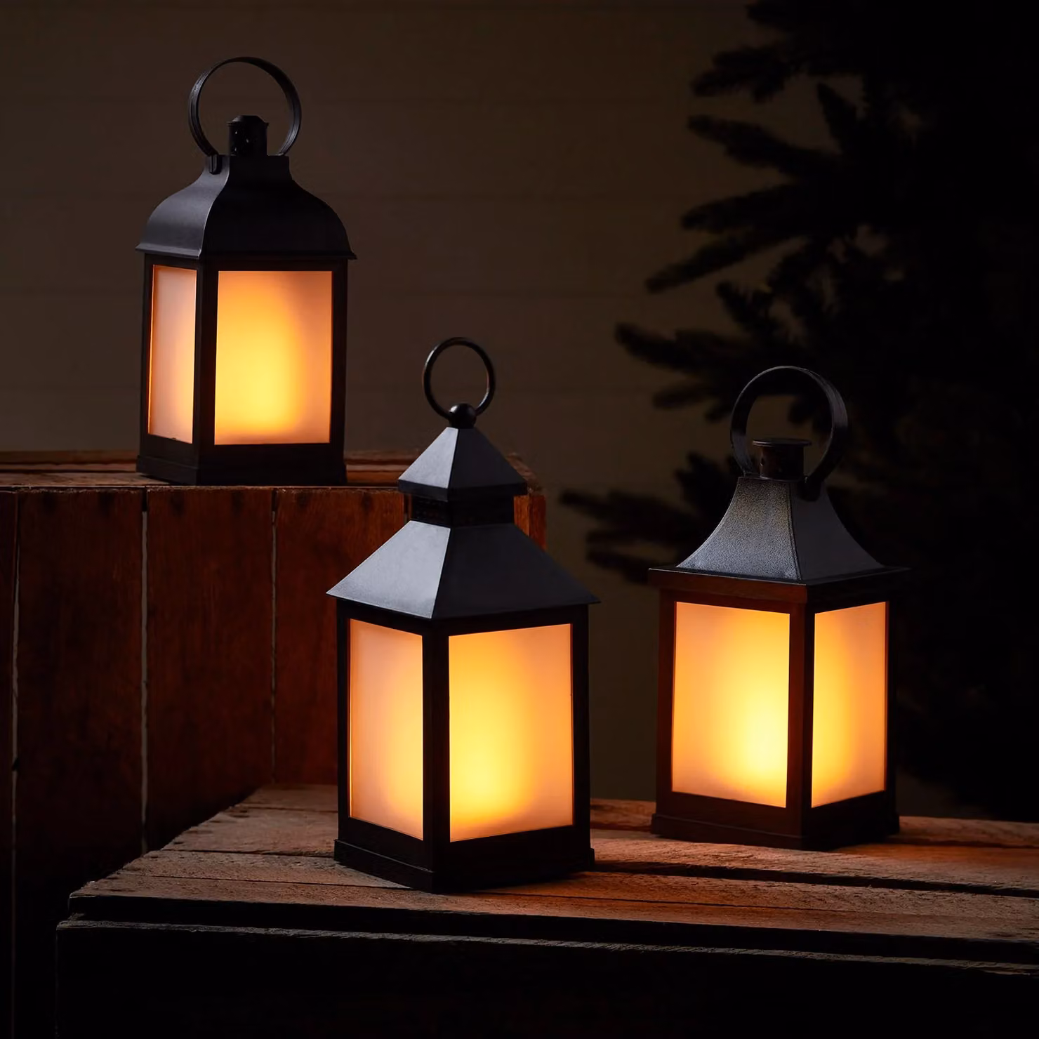 Lights4fun Set of 3 Black Outdoor Garden Candle Lanterns with Battery Operated Flickering Amber LED Flame Effect, Waterproof – 1