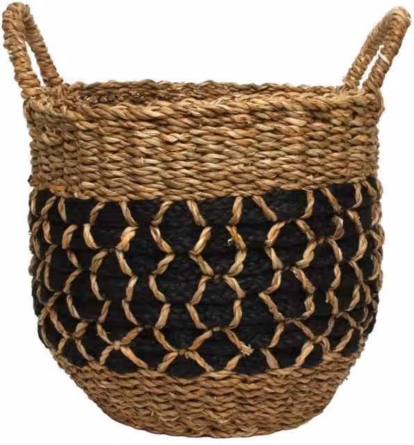 KDMD Seagrass and Jute Braided Open Weave Basket with Handles, Diameter: 35 cm, in Brown, Black or Beige