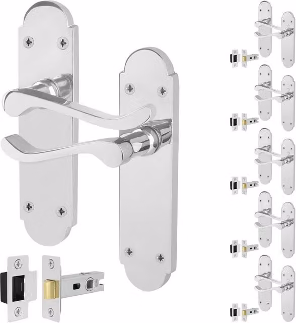 AFIT Polished Chrome Door Handles with Latch, 6 Pairs in Silver, W/D/H: 15.0 x 15.0 x 15.0 cm