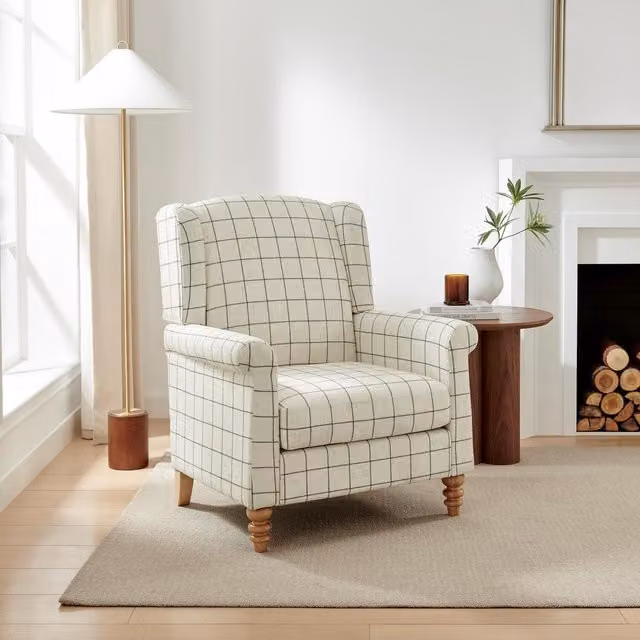 FurnitureboxUK Maisette Cream Check Fabric Wingback Accent Armchair with Solid Wood Frame