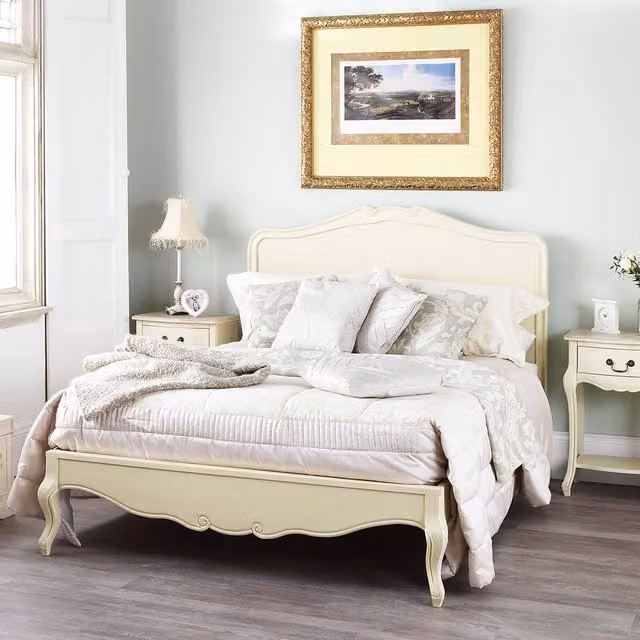 Statement Furniture Juliette French Style Super King Bed in White or Beige with Solid Pine Wood Headboard, W/D/H: 216 x 200 x 124 cm – 1