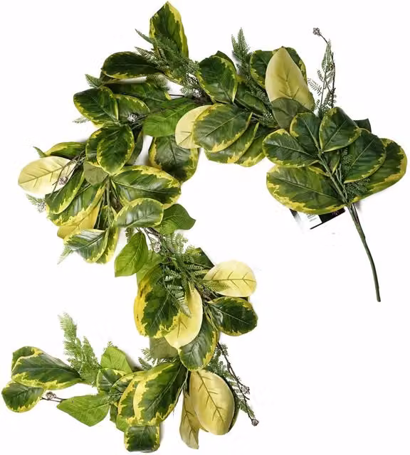 Realistic Hanging Golden Ficus Artificial Leaf Garland in Green and Gold