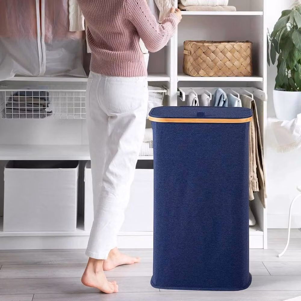 FLAVORA Blue Vencier 60L Slim Laundry Hamper with Lid and Bamboo Fabric – 4