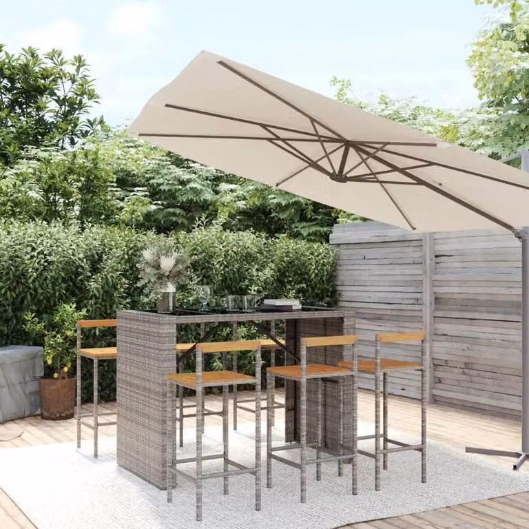 Berkfield Home Beautiful 7 Piece Grey Poly Rattan and Solid Acacia Wood Garden Bar Set