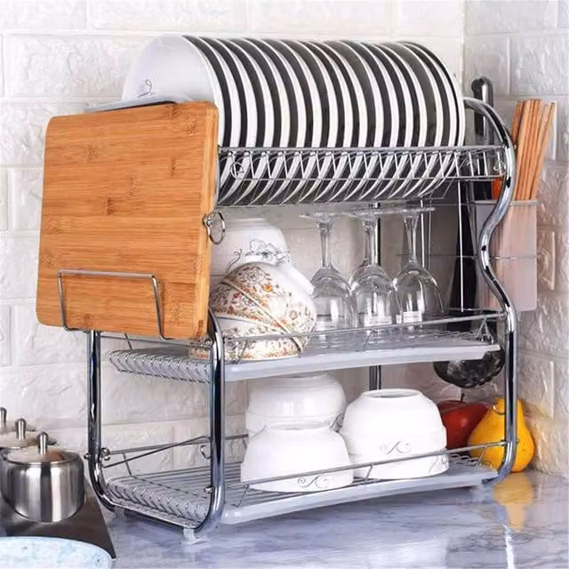 Havendro 3-Tier Silver Metal Dish Drainer Rack with Drip Tray and Anti-Slip Feet