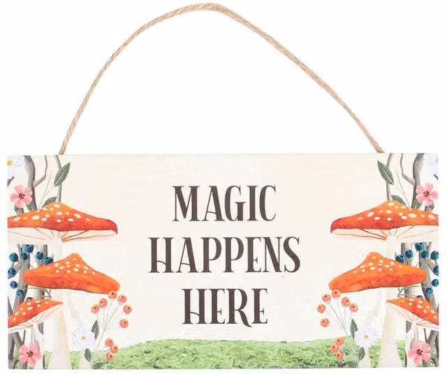 Kingsbury Gifts Magic Happens Here Mushroom Floral Hanging Wood Wall Plaque, Multicolour