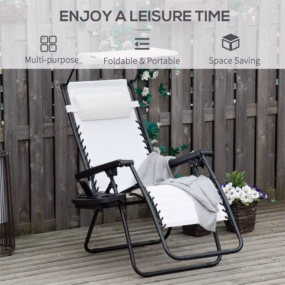 Outsunny White Zero Gravity Garden Folding Patio Sun Lounger with Sun Canopy and Side Tray – 4