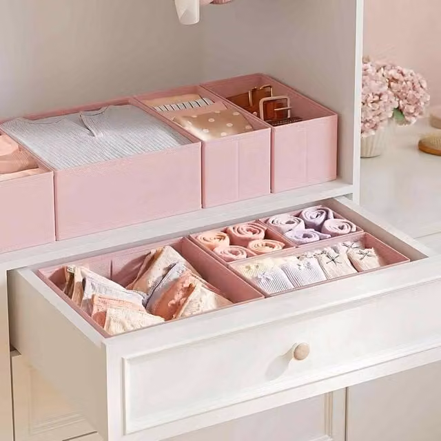 The Bazaarist Set of 12 Foldable Fabric Drawer Organisers in Baby Pink