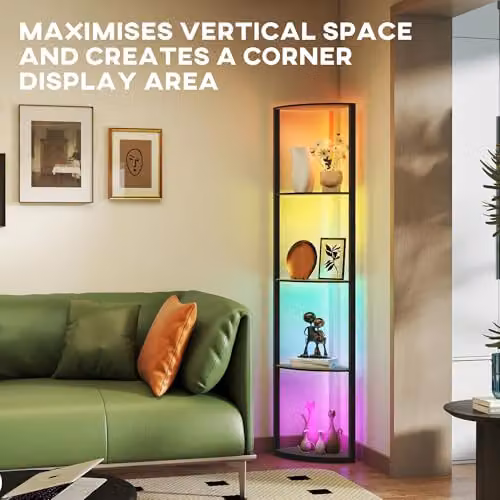 HOMCOM RGB LED Floor Lamp with 4-Tier Shelves, Black, H 163 x W 42 x D 29.5 cm – 4