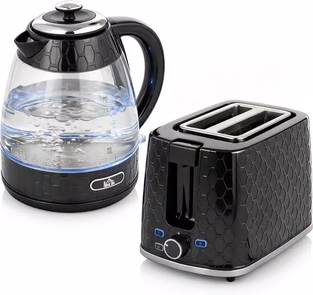 HOMCOM Kettle and Toaster Set in Black, featuring a 1.7 l Rapid Kettle with Limescale Filter and a 2-Slice Toaster – 1