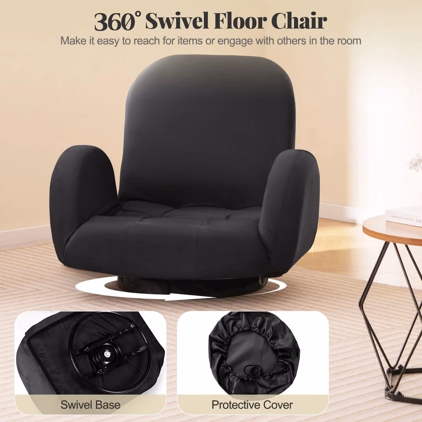 Gymax Black Swivel Floor Gaming Chair with Adjustable Backrest and Armrests – 7