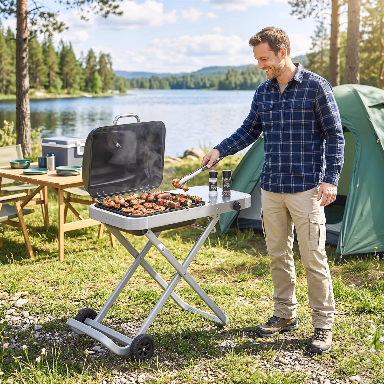 Outsunny Foldable Gas BBQ Grill with Side Table and Thermometer, Black, 2.5 kW – 8