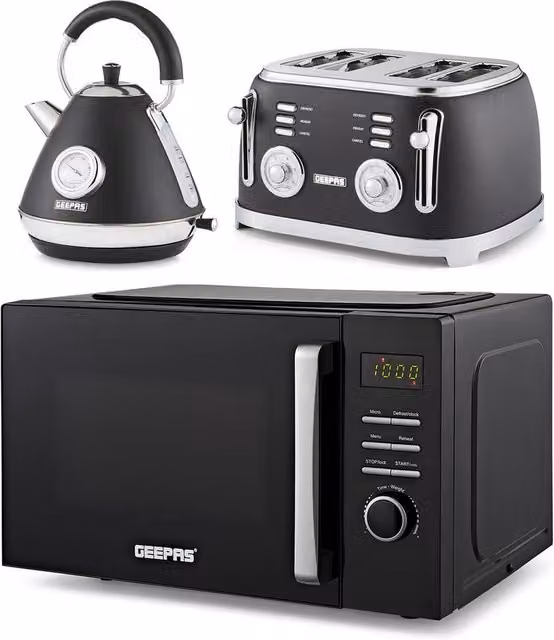 Geepas Retrovive Kitchen Appliance Set in Black featuring 1.7L Kettle, 4 Slice Toaster and 23L Microwave Oven