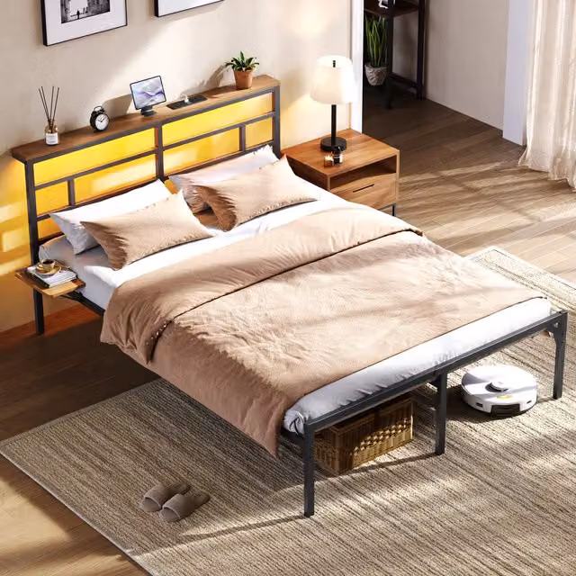 Yaheetech Metal Bed Frame with LED Headboard, USB Charging Port and Integrated Reading Light, Black, W/D/H: 180 x 200 cm