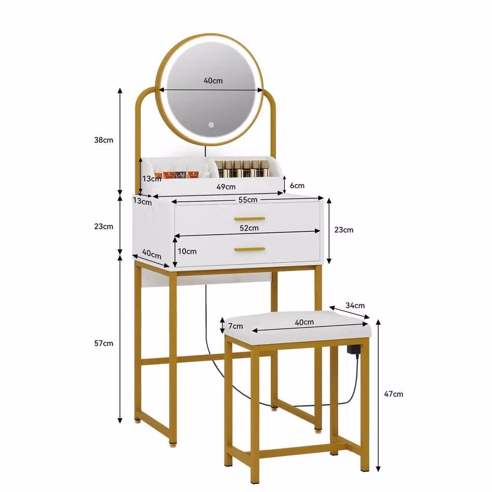 FORGEVIO Modern White and Gold Vanity Dressing Table with LED Mirror and Drawers – 2