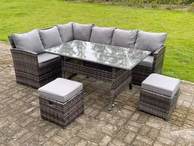 Fimous 8 Seater High Back Rattan Corner Sofa Set with Rectangular Dining Table and 2 Small Footstools in Dark Grey
