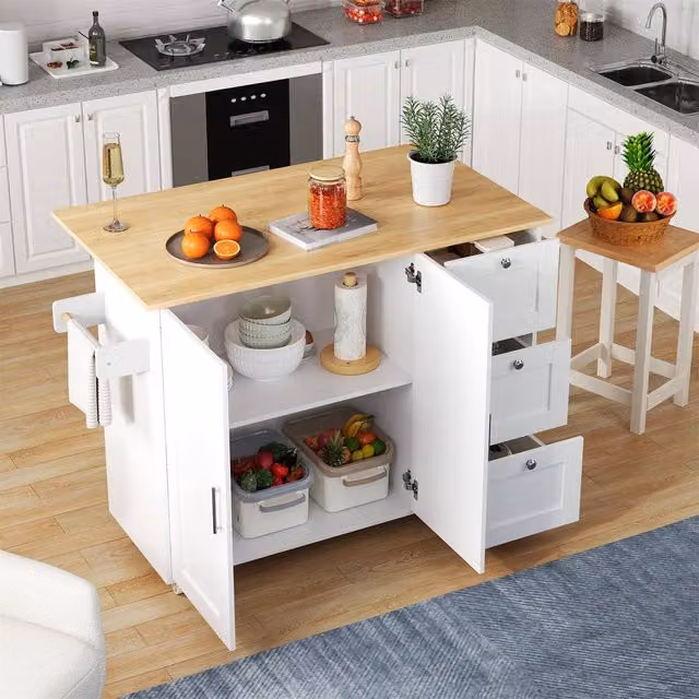 Rolipo Modern White Drop Leaf Rolling Kitchen Island with Storage Drawers and Doors