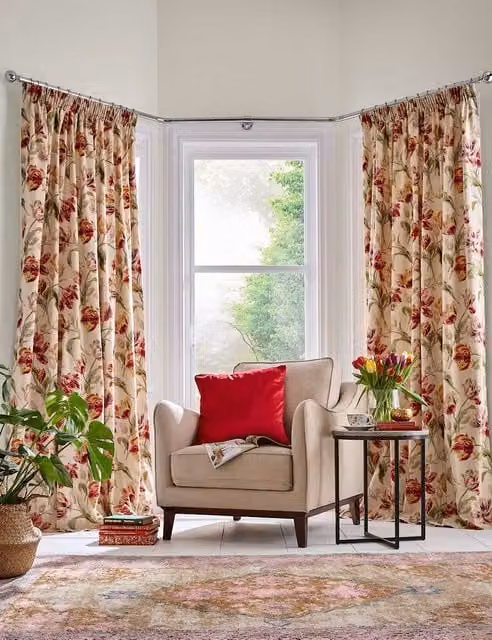 Laura Ashley Gosford Floral Pure Cotton Pencil Pleat Thermal Insulating Curtains, Red Mix, H: 168 cm, W: 137 cm