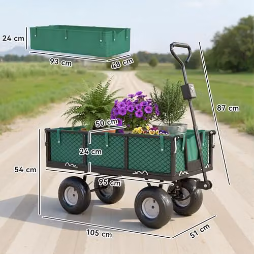 Outsunny Garden Trolley Cart with Removable Liner and Quick-Release Sides, Green – 7