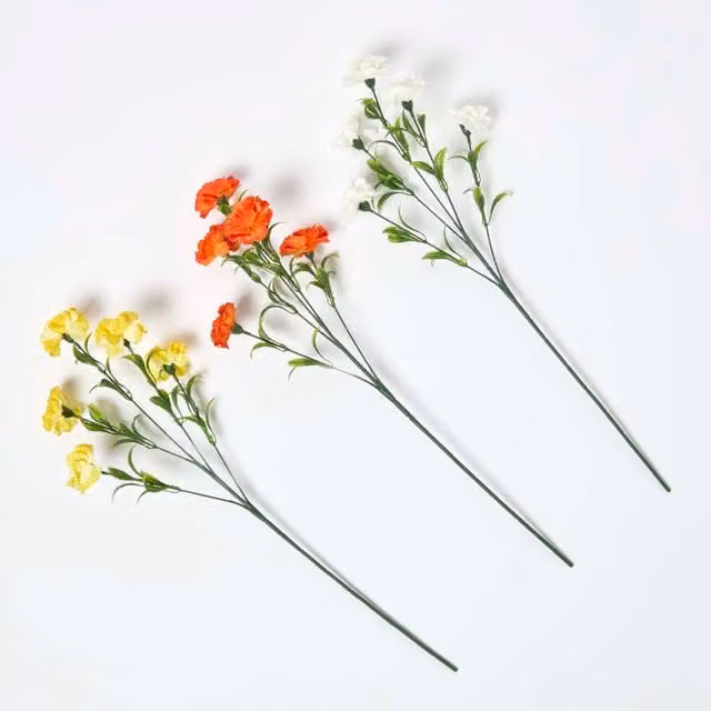 Homescapes Artificial Carnation Spray Single Stem Set of 3, Height: 55 cm, Yellow, Orange, White and Red