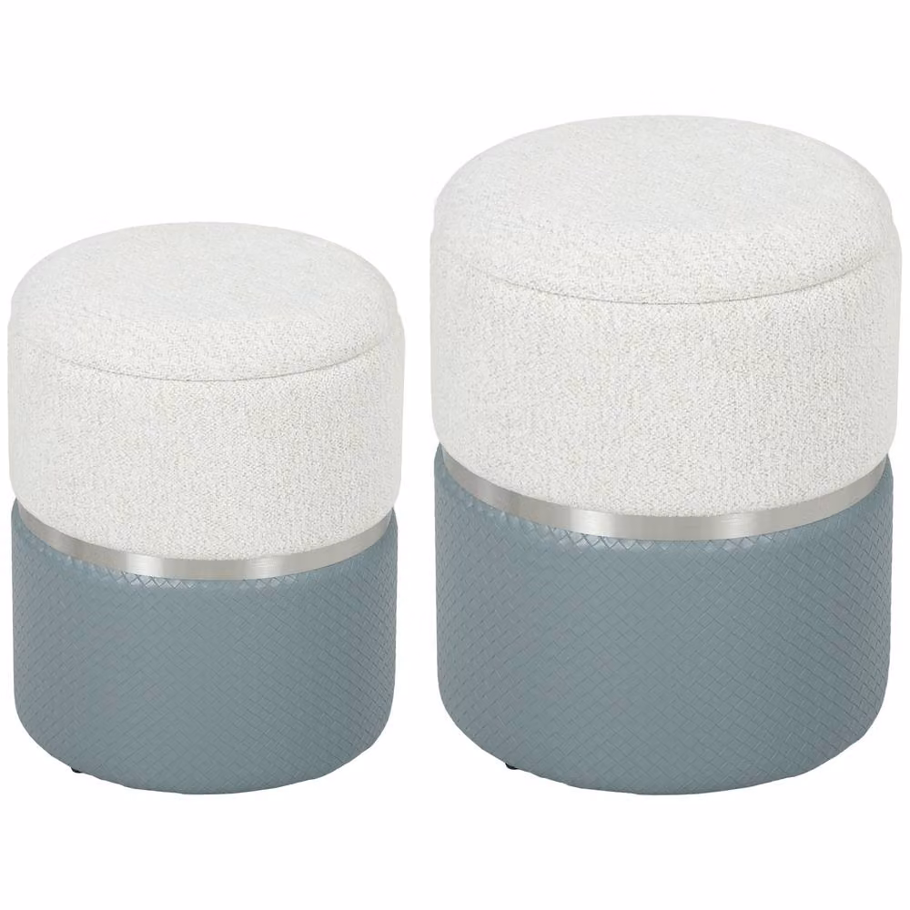 HOMCOM Set of 2 Round Storage Ottomans in Grey and Silver, Cylindrical Upholstered Footstools with Removable Covers, W/D/H: 45 x 45 x 36 cm and 45 x 45 x 6 cm – 2