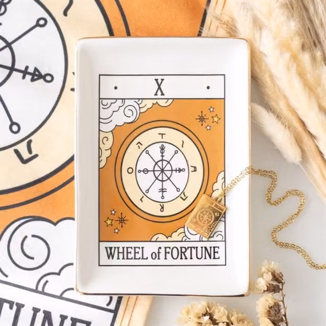 KDMK Wheel of Fortune Vintage Tarot Trinket Dish, White and Gold Ceramic Jewelry Holder