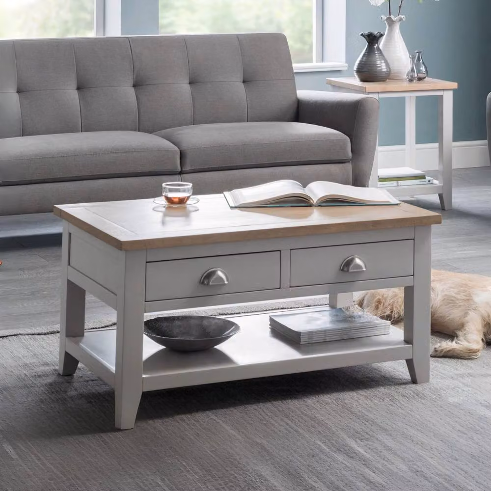 Cheshire Kensington Rectangular Coffee Table with 2 Drawers in Elephant Grey and Euro Oak Light Grey – 2