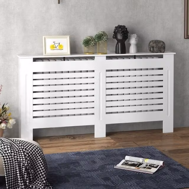 HOMCOM White Painted MDF Radiator Cover Wooden Cabinet with Horizontal Slats, W/D/H: 152 x 19 x 81 cm – 1