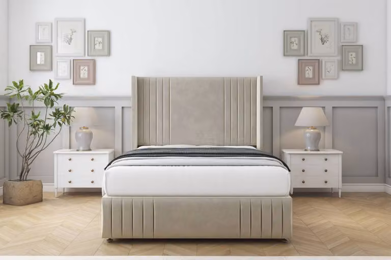 Sloomy Camden Plush Divan Bed Set with Wingback Headboard and Footboard in Beige, Single, W/D/H: 90 x 190 cm
