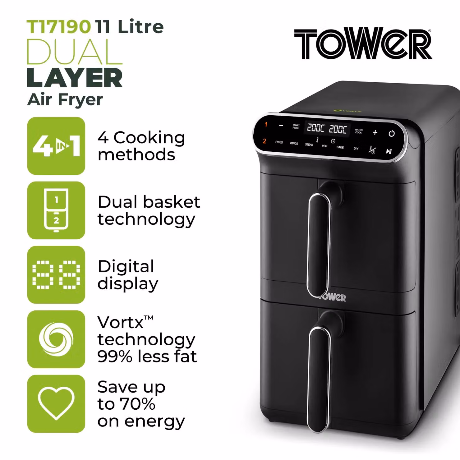 Tower Vortx XL Dual Zone Digital Air Fryer, Black T17190 – 3