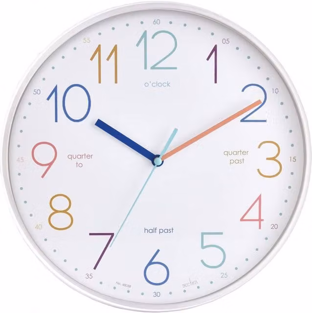 Acctim Afia Teaching Kids Wall Clock, Non-Ticking Sweep Quartz, White and Multicolour, Diameter: 30 cm