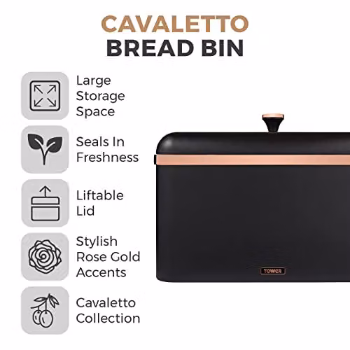 Tower Cavaletto Airtight Metal Bread Bin in Black and Gold, W/D/H: 23.0 x 24.0 x 33.0 cm – 2