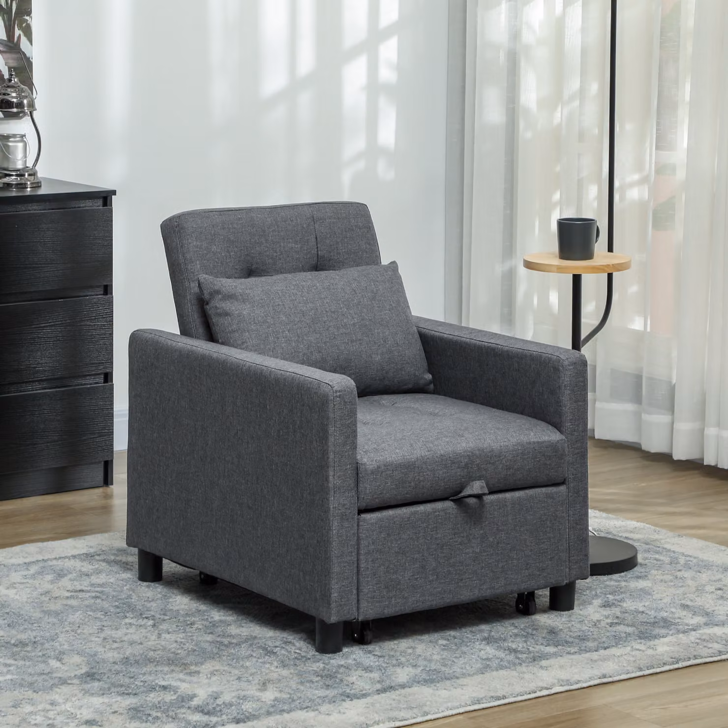 HOMCOM 3-in-1 Convertible Sleeper Chair Bed with Adjustable Backrest, Pillow and Footrest in Dark Grey – 2
