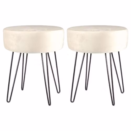 Harbour Housewares Pack of 2 Velvet Cylindrical Footstools in Beige with Black Metal Legs, H41 x D45 cm – 1
