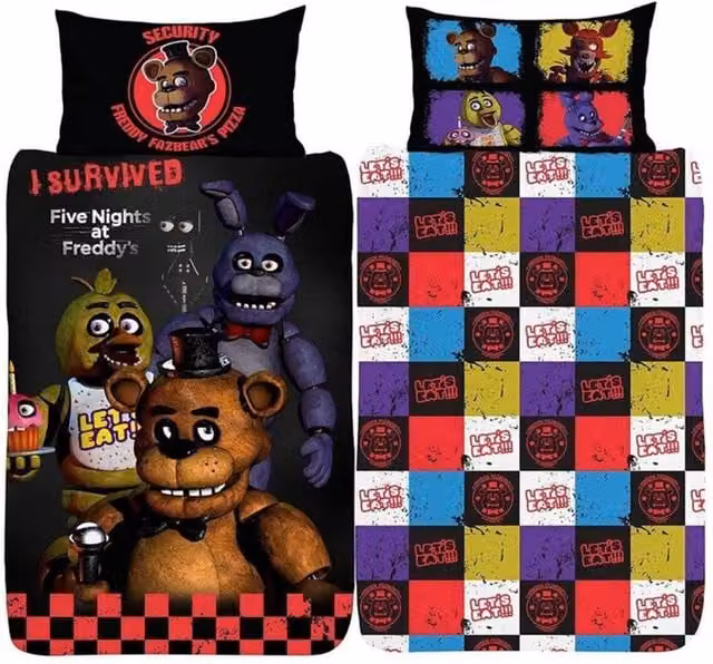 Five Nights At Freddys Reversible Checked Polycotton Duvet Cover Set for Children, Multicolour, W: 90 cm, L: 190 cm