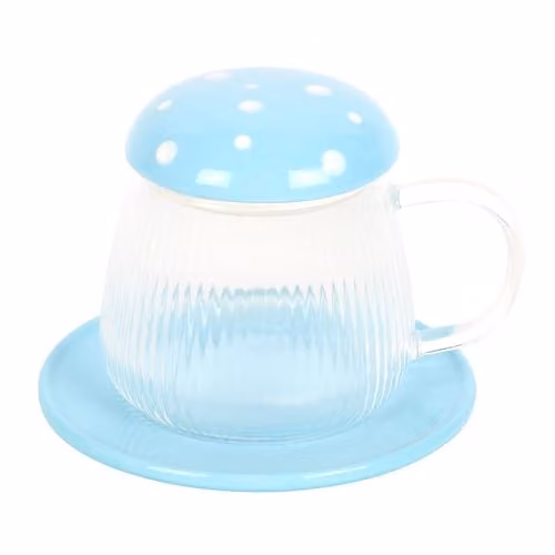 KDMD Blue and Transparent Floral Glass Mushroom Mug with Saucer and Lid, 460ml